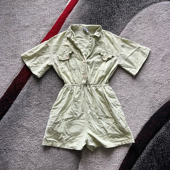 Princess Polly Lime Green Safari Shirt Romper - Picture 1 of 4